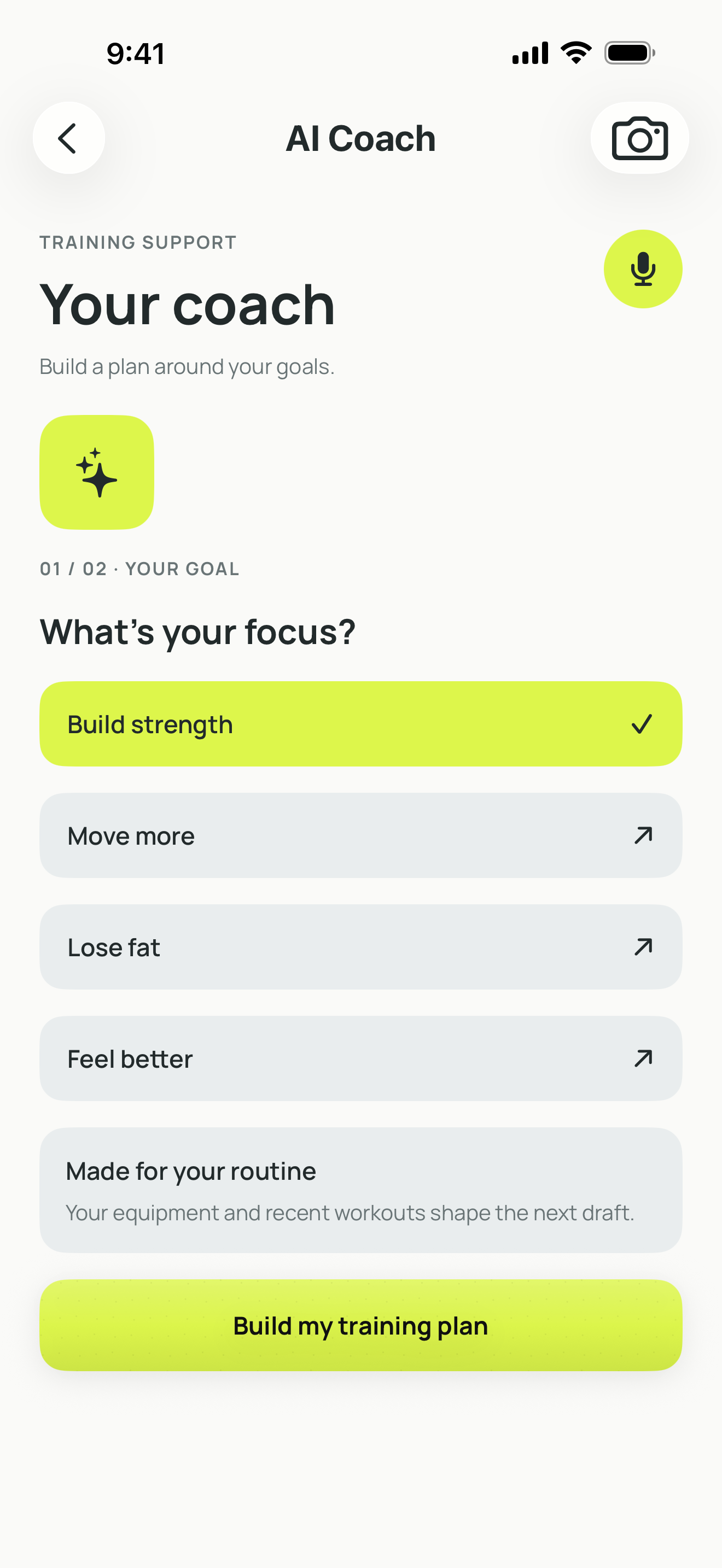 Current BodyNorth AI Coach screen showing training goals