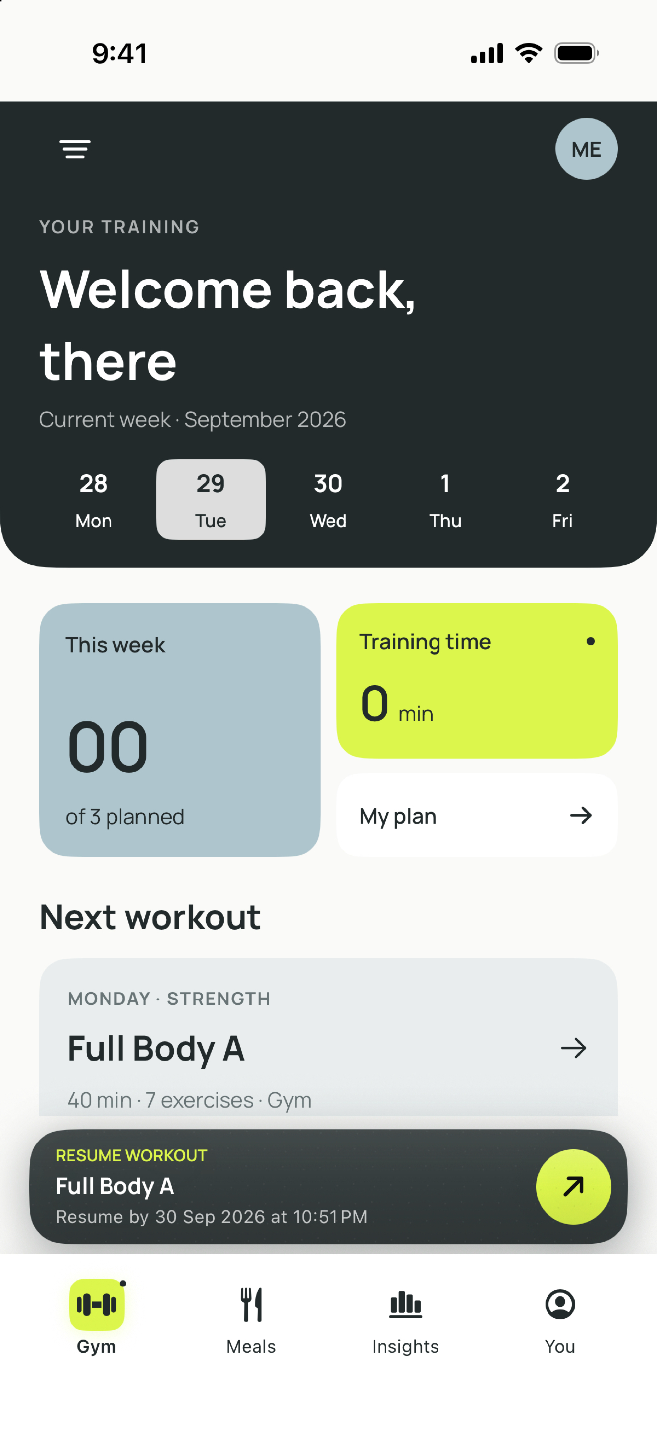 BodyNorth Gym screen with weekly training, My plan, and a workout ready to resume