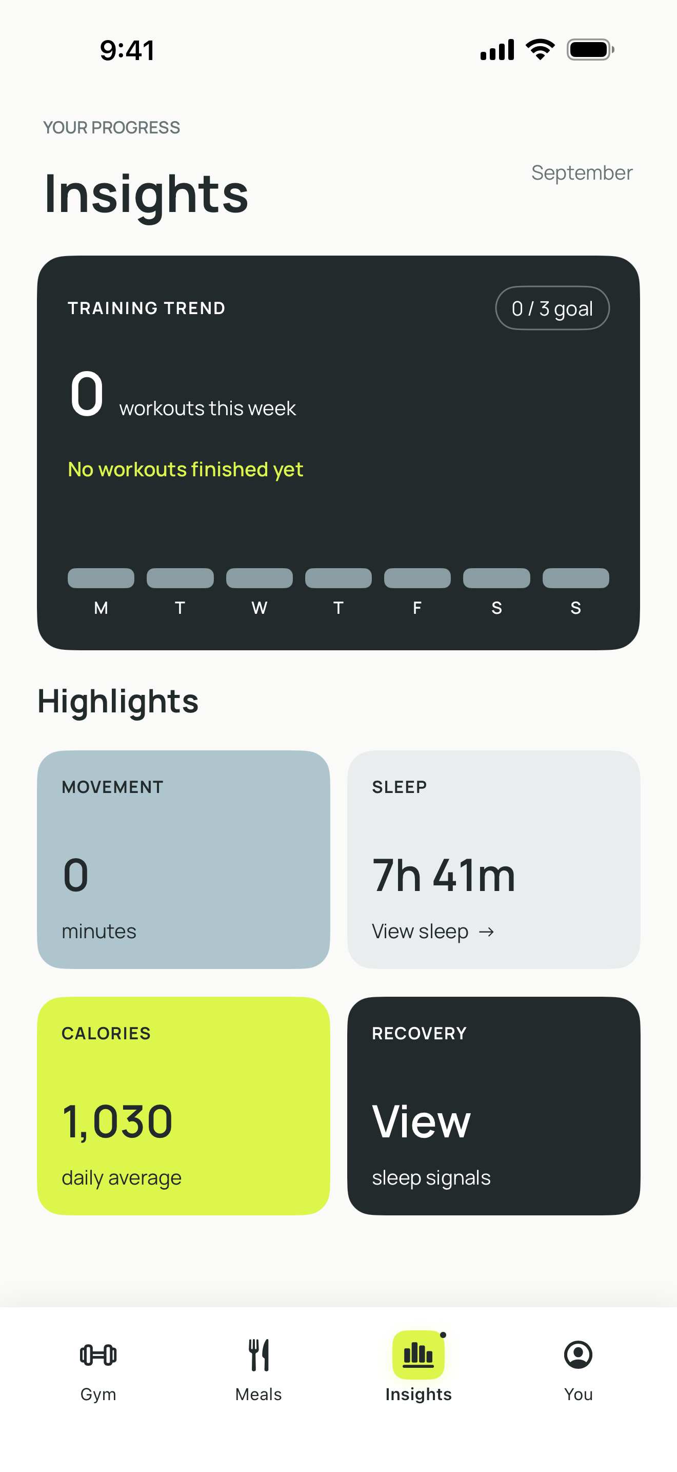 Current BodyNorth Insights screen showing training trend and progress highlights