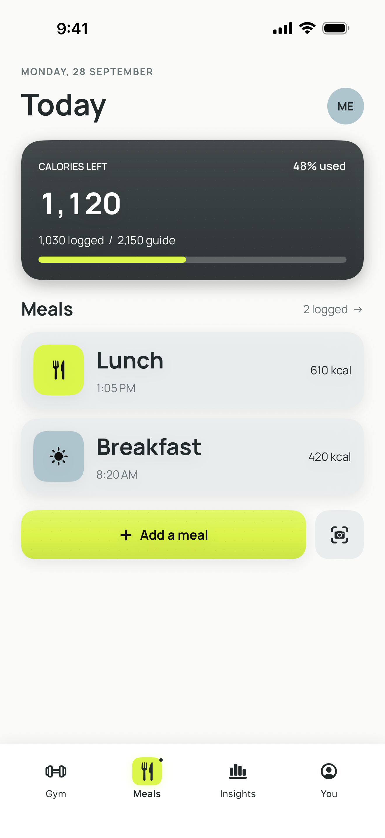 BodyNorth Meals screen with a calorie guide and logged meals