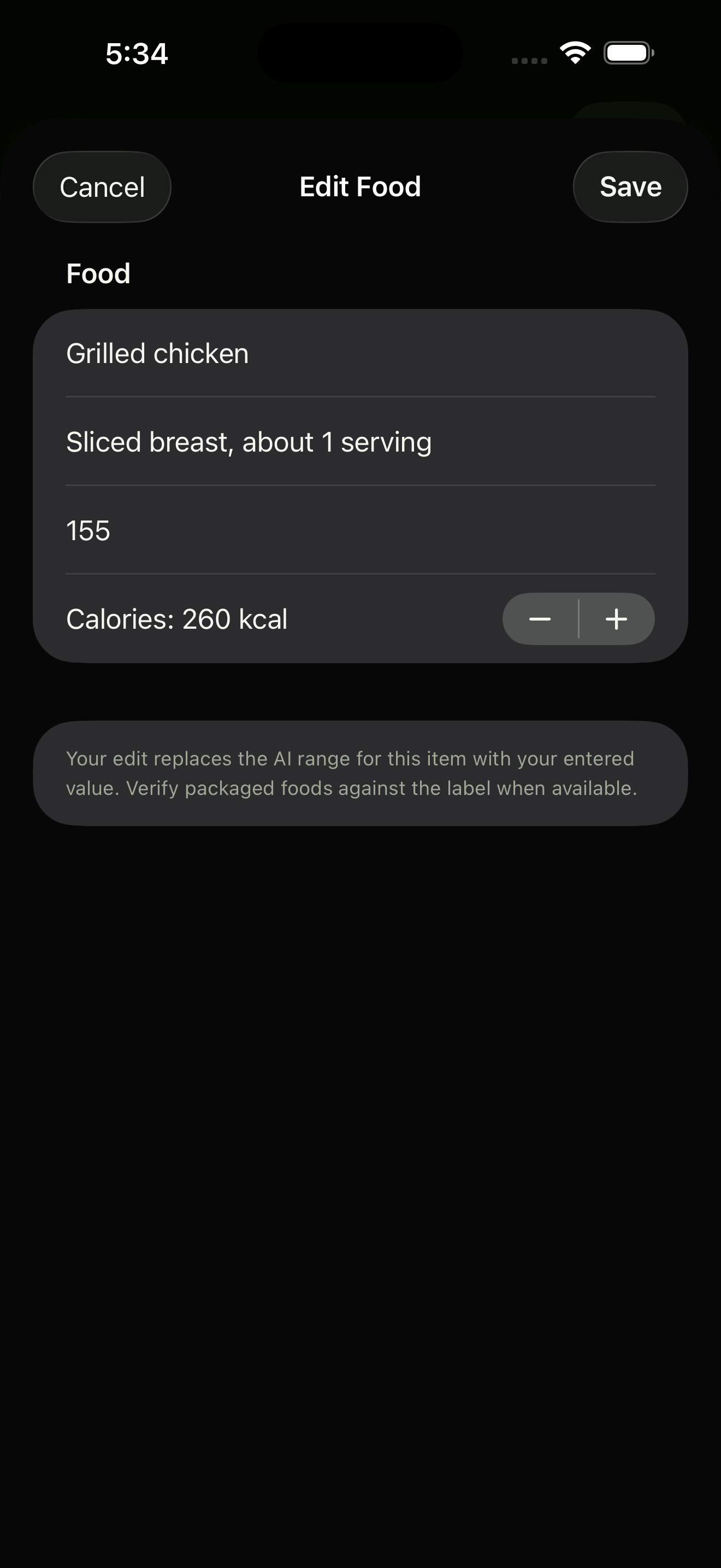 A real BodyNorth food editor with editable grams and calories