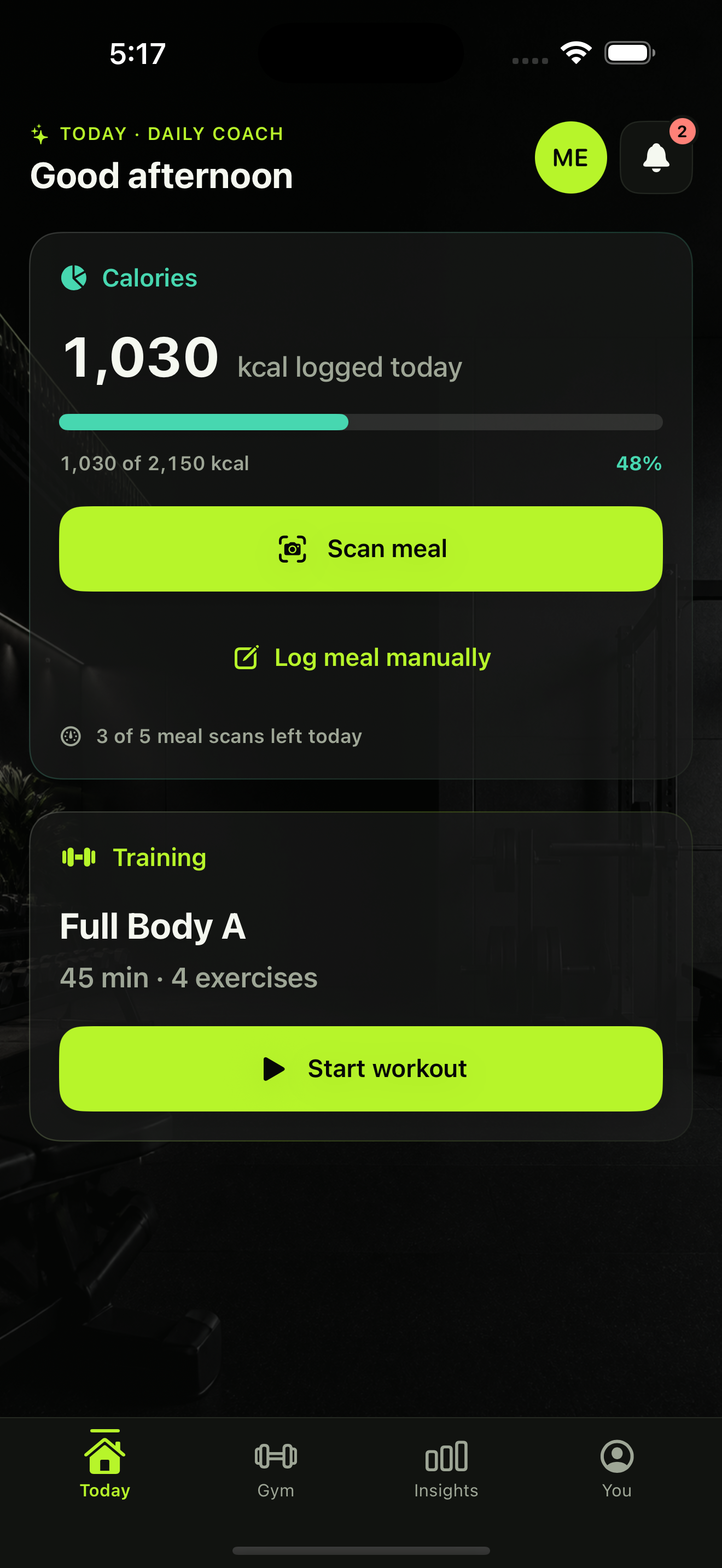 BodyNorth Today dashboard showing logged calories, a Scan meal action and the next workout
