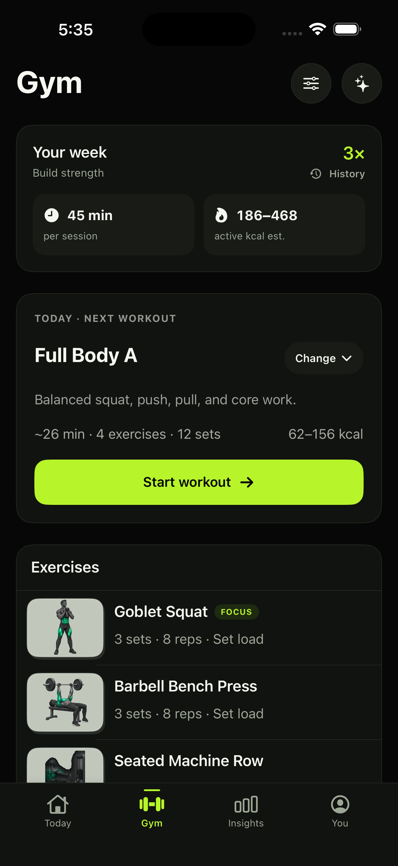 BodyNorth Gym screen with a workout plan, sets and exercises